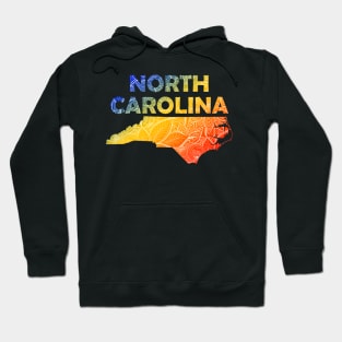 Colorful mandala art map of North Carolina with text in blue, yellow, and red Hoodie